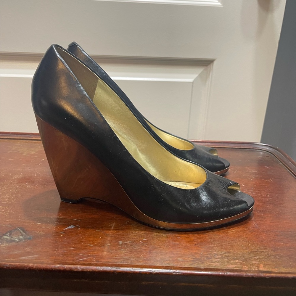 Nine West Black and Gold Wedge Peep-Toe Shoes